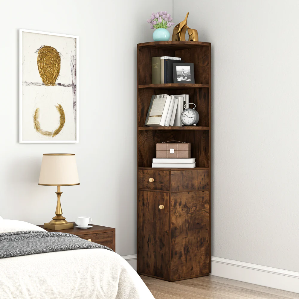 Vision Stylish Rustic Wooden Corner Shelf Unit with Cabinet & Drawer - Image 16