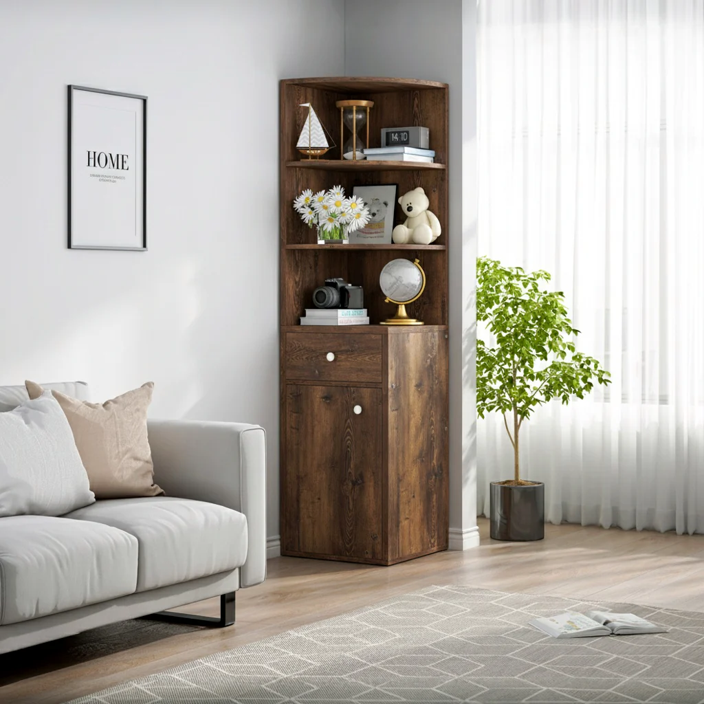 Vision Stylish Rustic Wooden Corner Shelf Unit with Cabinet & Drawer - Image 17