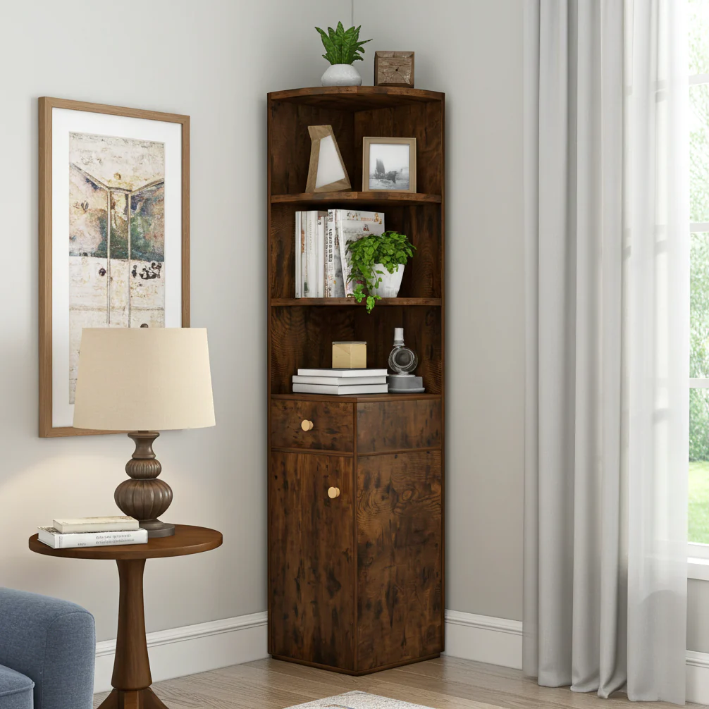 Vision Stylish Rustic Wooden Corner Shelf Unit with Cabinet & Drawer - Image 18