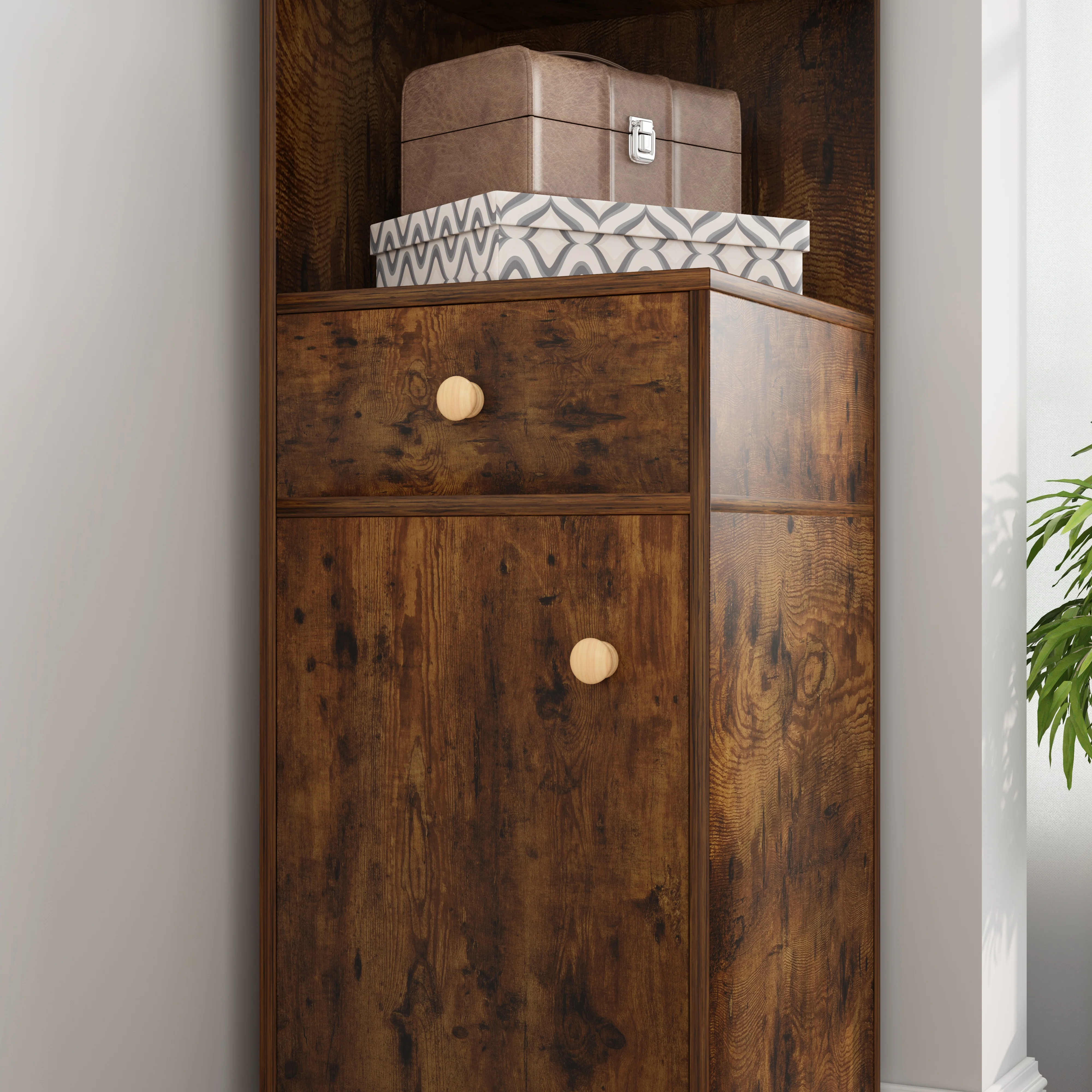 Vision Stylish Rustic Wooden Corner Shelf Unit with Cabinet & Drawer - Image 9