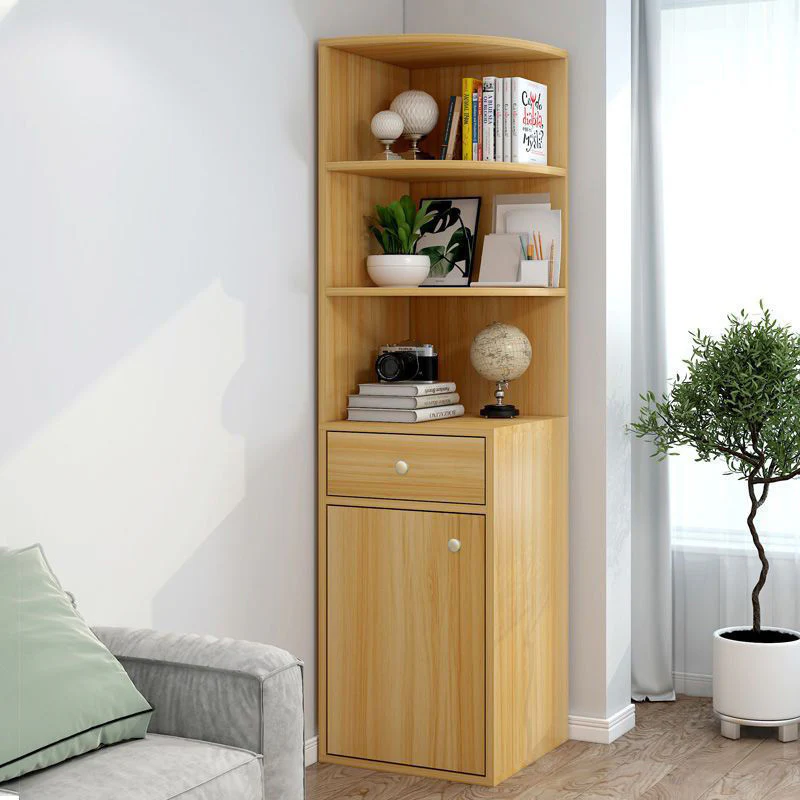 Vision Stylish Wooden Corner Shelf Unit with Cabinet & Drawer (Oak) - Image 2