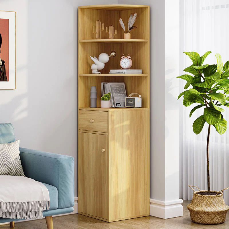 Vision Stylish Wooden Corner Shelf Unit with Cabinet & Drawer (Oak) - Image 3
