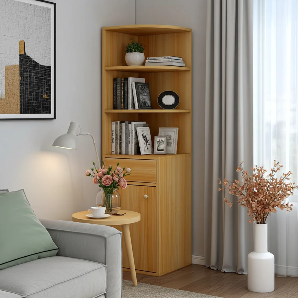 Vision Stylish Wooden Corner Shelf Unit with Cabinet & Drawer (Oak) - Image 6