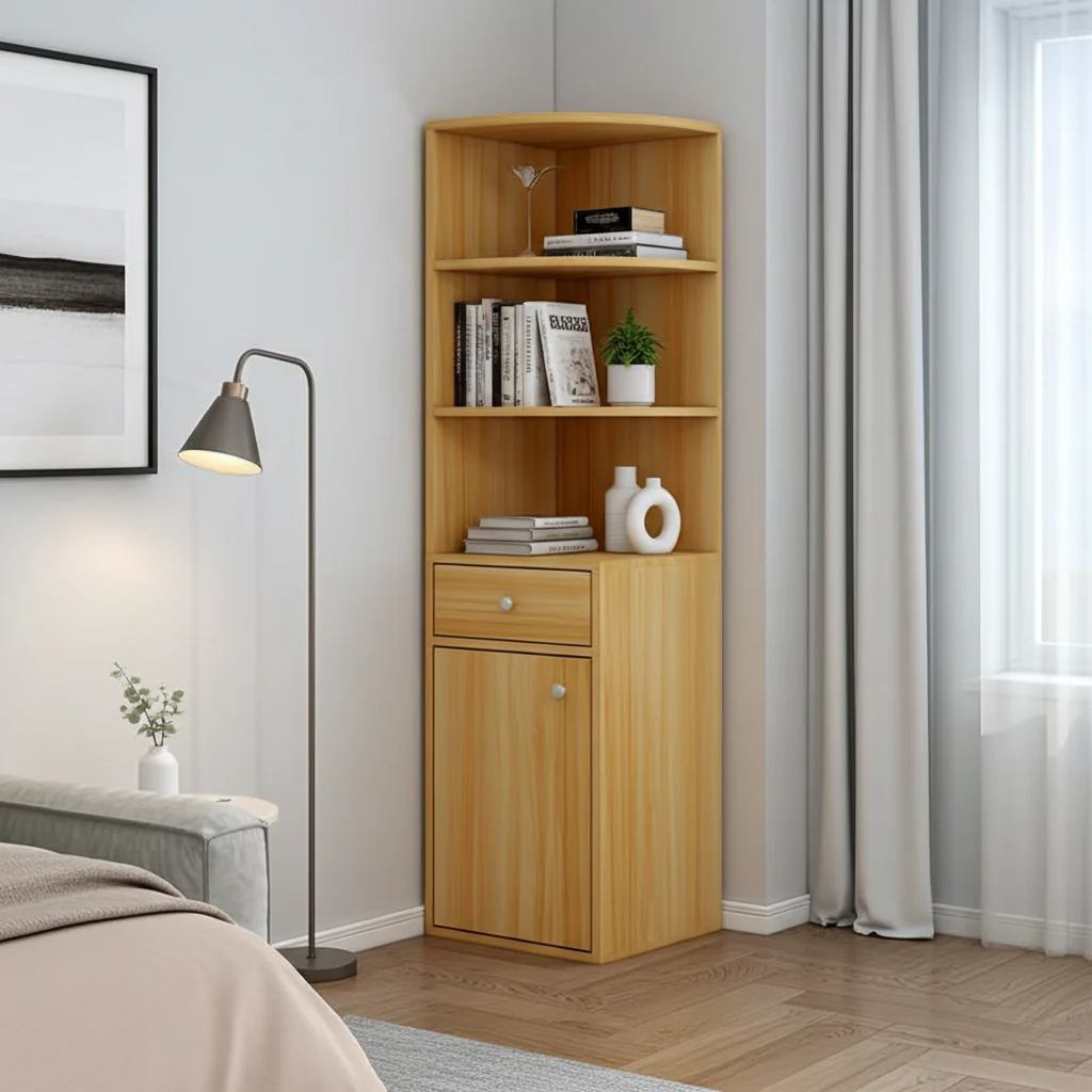 Vision Stylish Wooden Corner Shelf Unit with Cabinet & Drawer (Oak) - Image 11