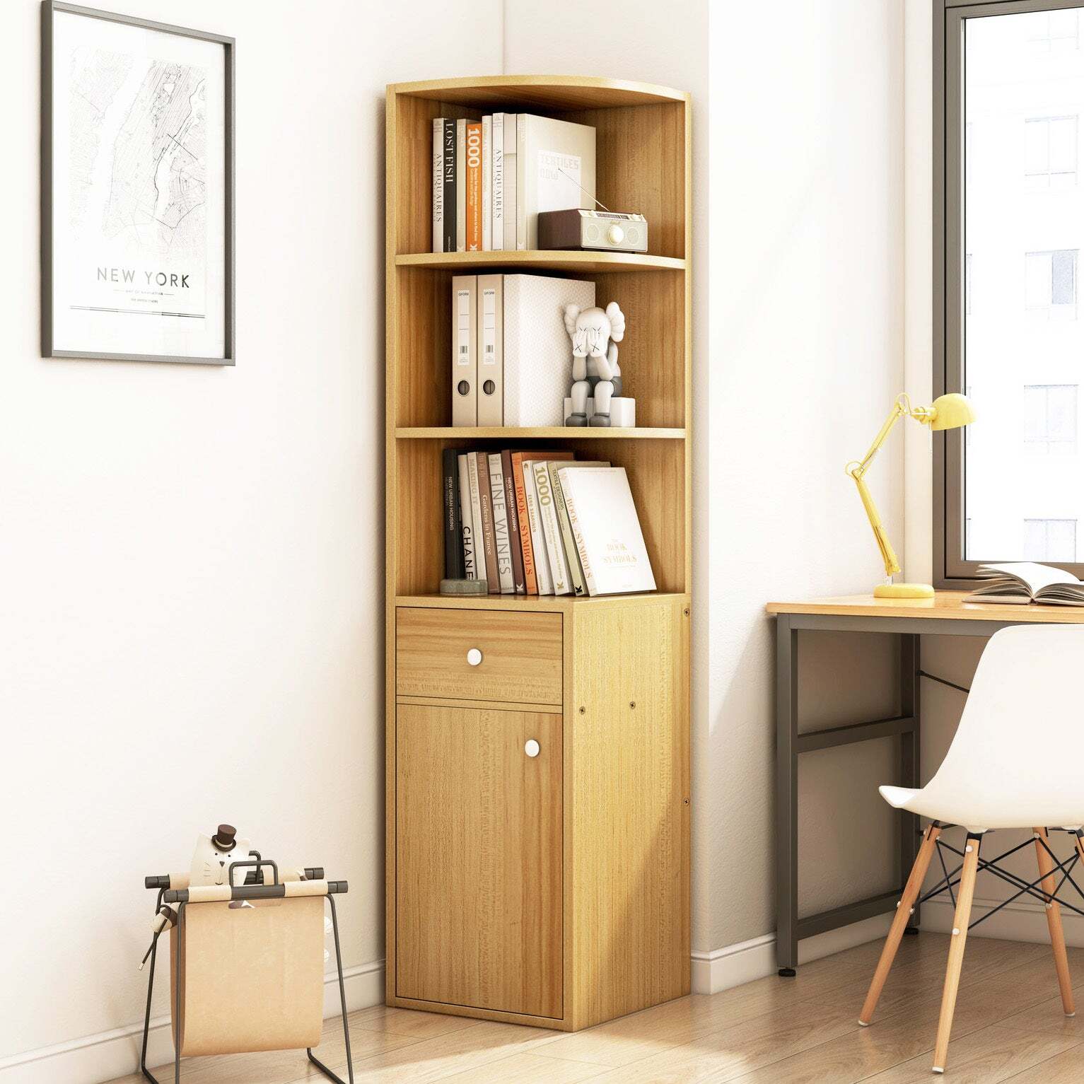 Vision Stylish Wooden Corner Shelf Unit with Cabinet & Drawer (Oak) - Image 7