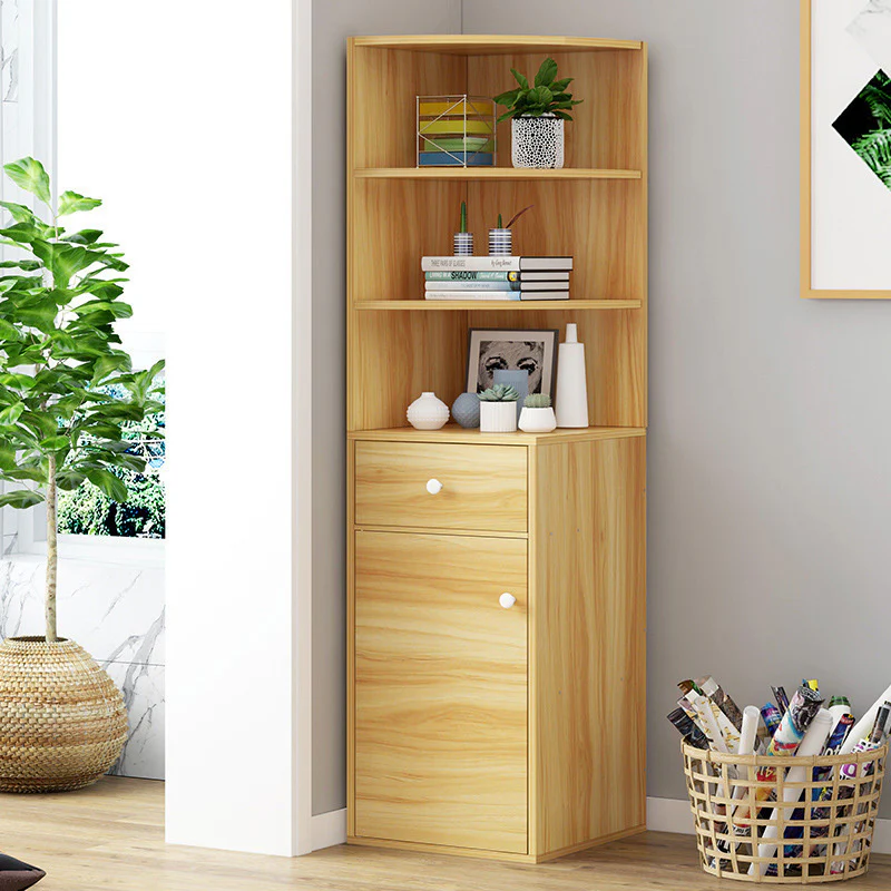 Vision Stylish Wooden Corner Shelf Unit with Cabinet & Drawer (Oak) - Image 8