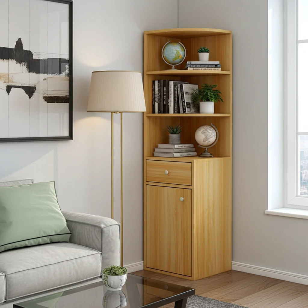 Vision Stylish Wooden Corner Shelf Unit with Cabinet & Drawer (Oak) - Image 9