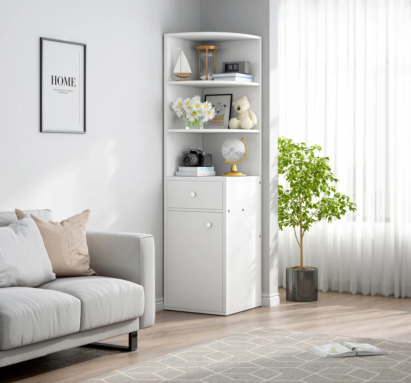Vision Stylish Wooden Corner Shelf Unit with Cabinet & Drawer (White) - Image 2