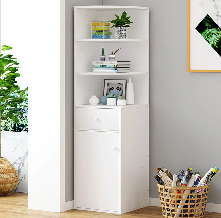 Vision Stylish Wooden Corner Shelf Unit with Cabinet & Drawer (White) - Image 3