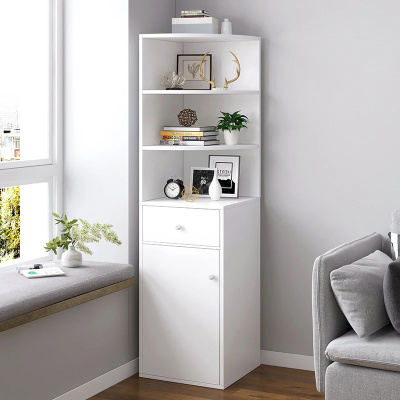 Vision Stylish Wooden Corner Shelf Unit with Cabinet & Drawer (White) - Image 5
