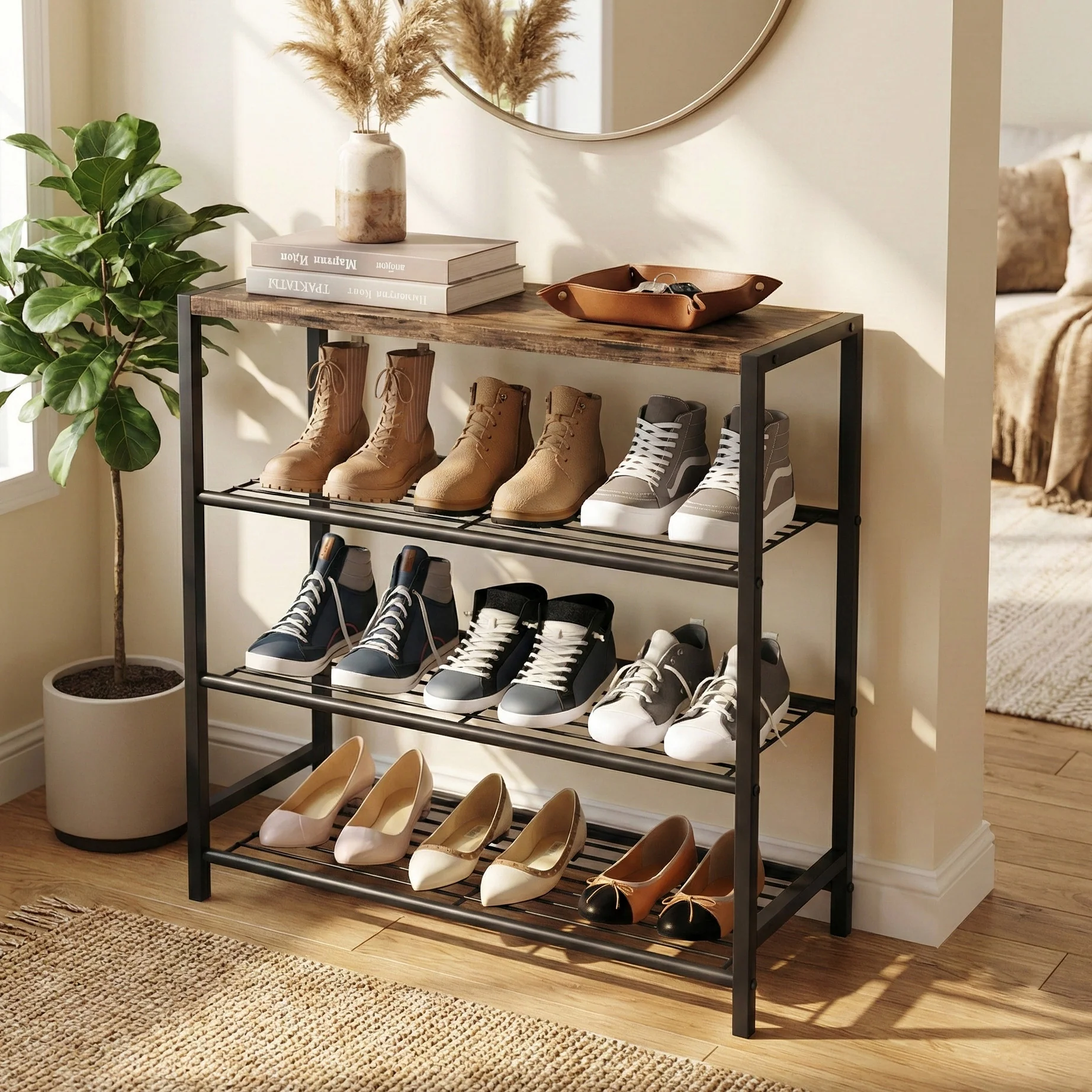 Vita 4-Tier Rustic Wood & Metal Shoe Rack Storage Shelf Organiser - Image 10