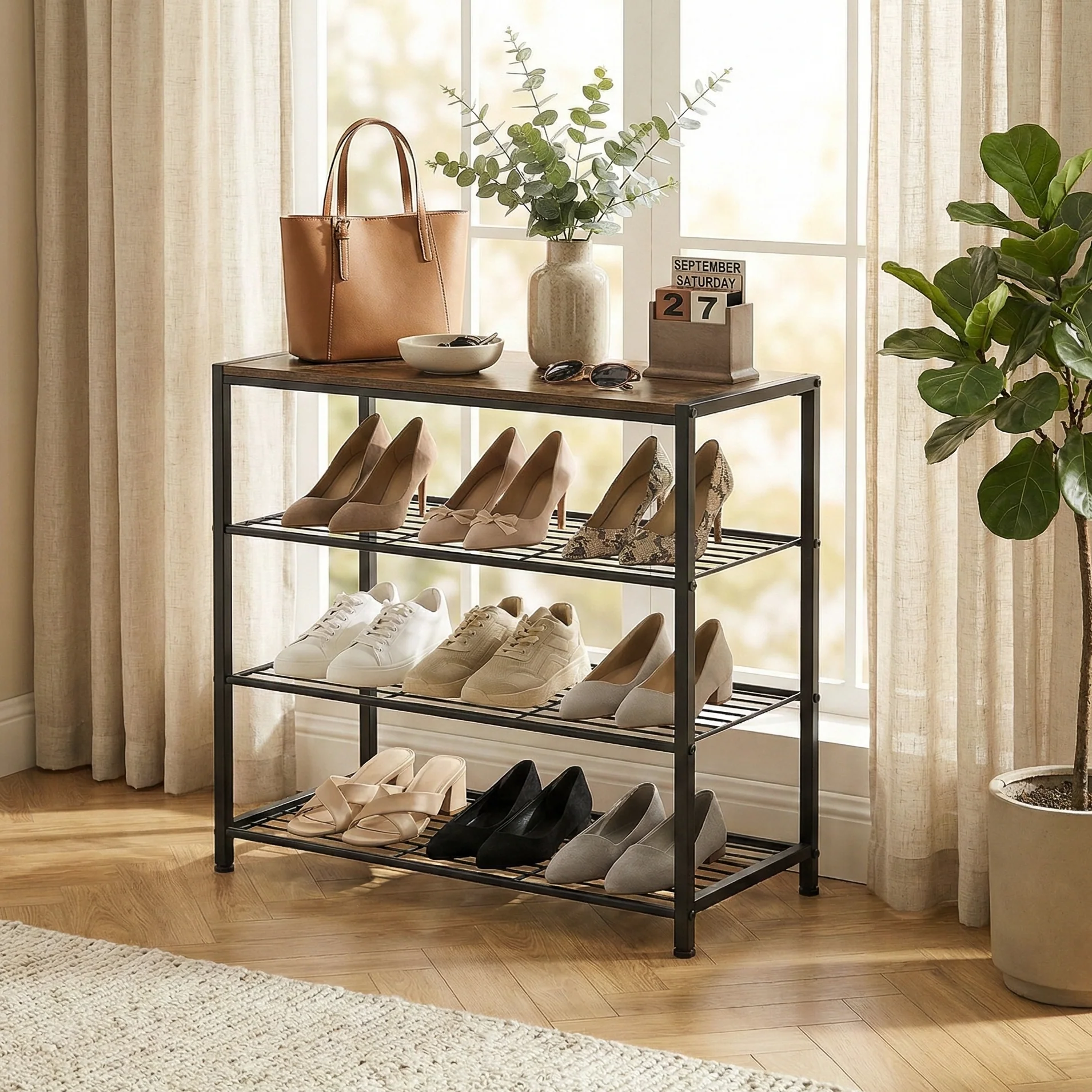 Vita 4-Tier Rustic Wood & Metal Shoe Rack Storage Shelf Organiser - Image 11