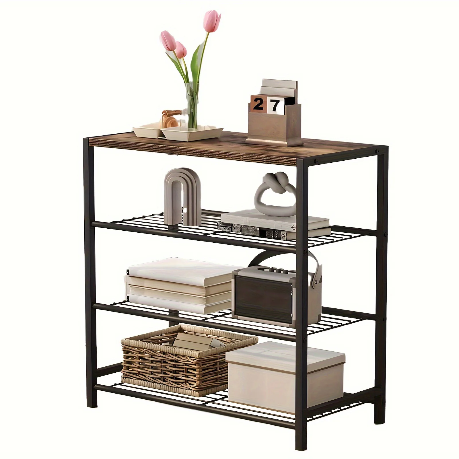 Vita 4-Tier Rustic Wood & Metal Shoe Rack Storage Shelf Organiser - Image 12