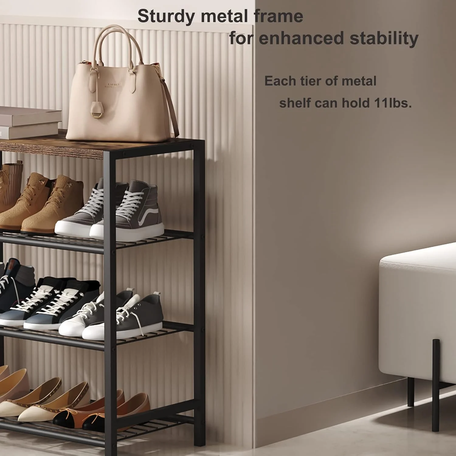 Vita 4-Tier Rustic Wood & Metal Shoe Rack Storage Shelf Organiser - Image 13