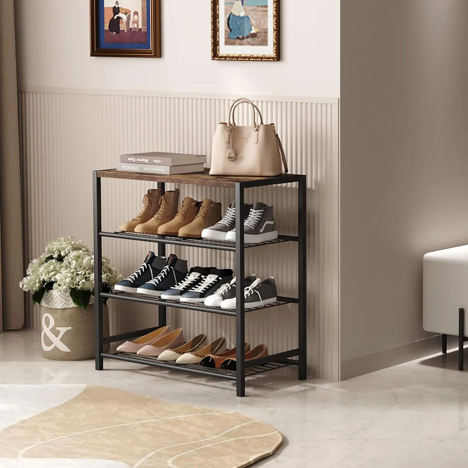 Vita 4-Tier Rustic Wood & Metal Shoe Rack Storage Shelf Organiser - Image 15