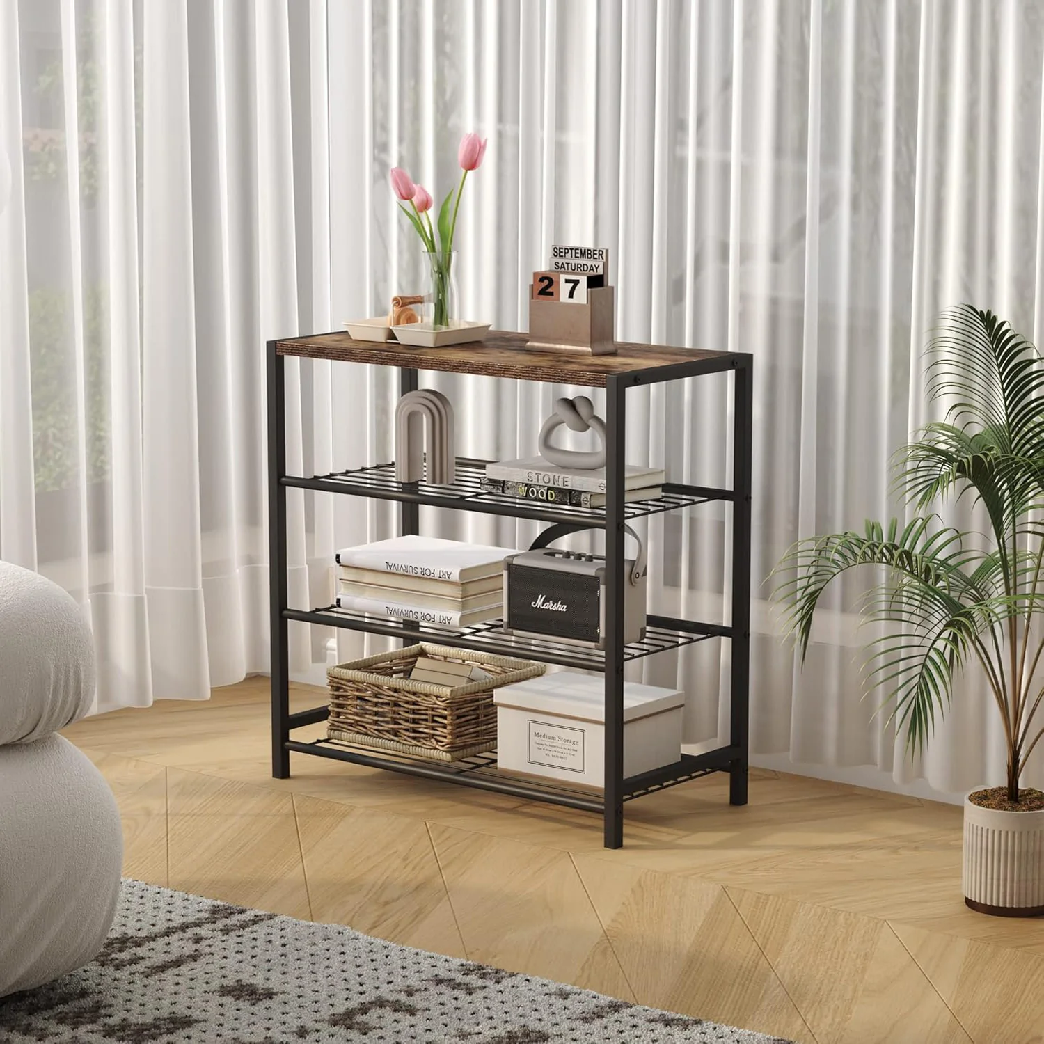 Vita 4-Tier Rustic Wood & Metal Shoe Rack Storage Shelf Organiser - Image 16
