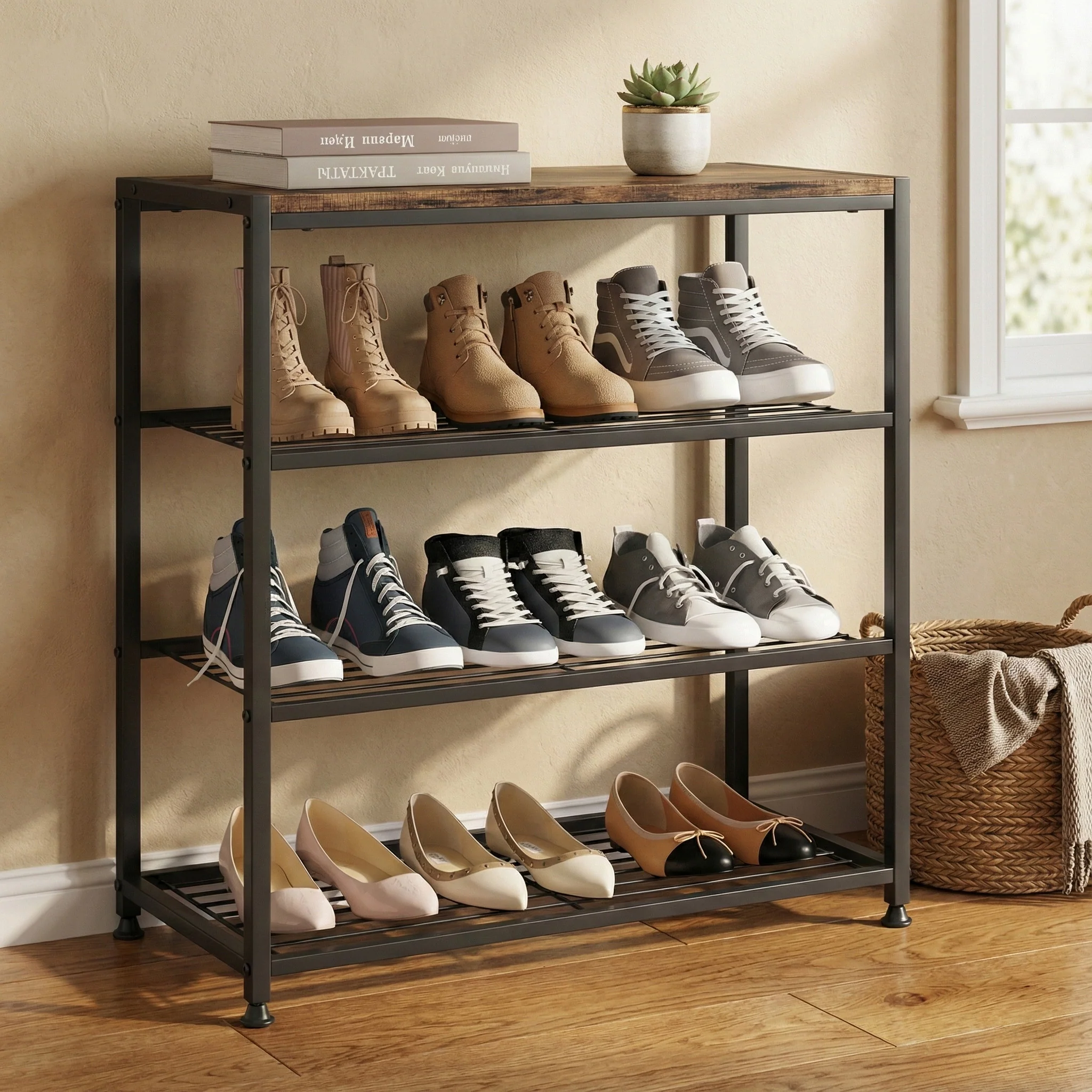 Vita 4-Tier Rustic Wood & Metal Shoe Rack Storage Shelf Organiser - Image 17