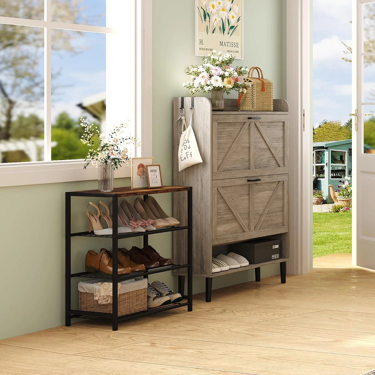 Vita 4-Tier Rustic Wood & Metal Shoe Rack Storage Shelf Organiser - Image 18