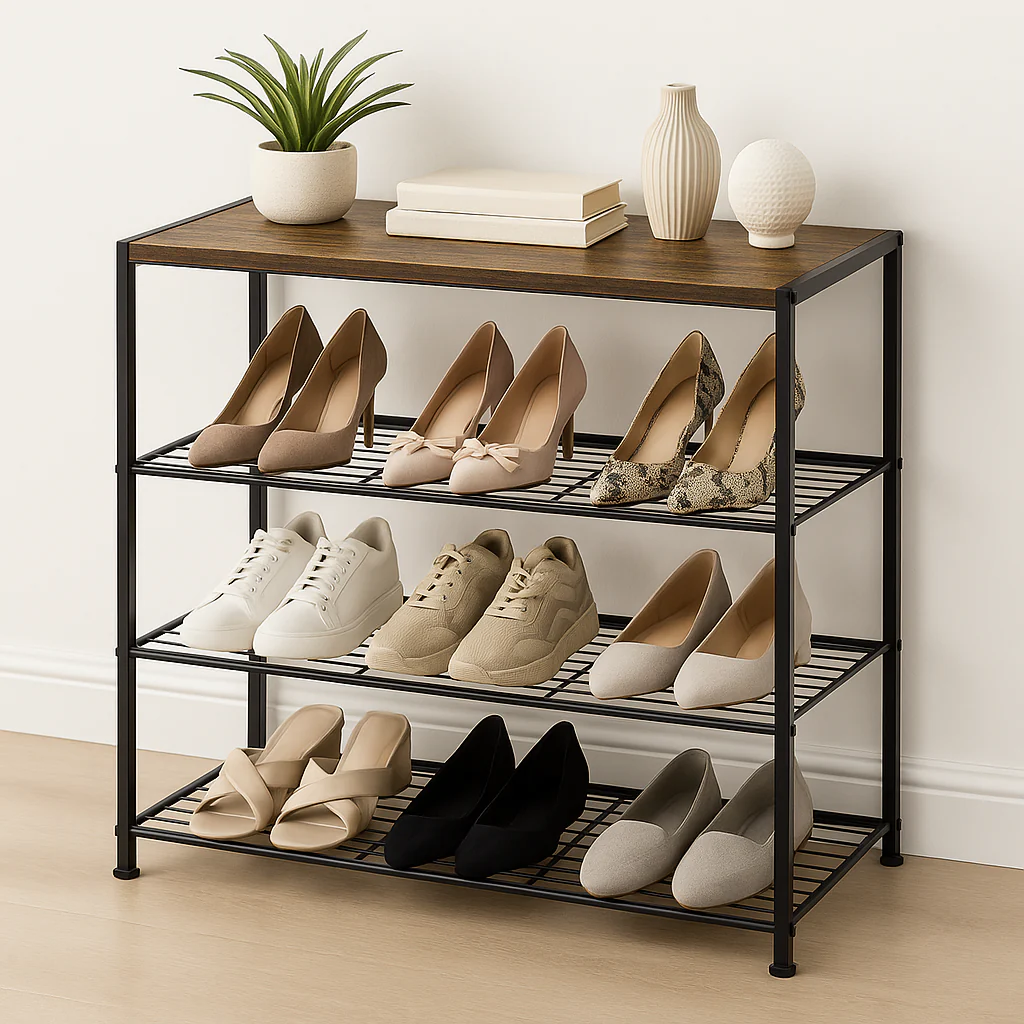 Vita 4-Tier Rustic Wood & Metal Shoe Rack Storage Shelf Organiser - Image 7