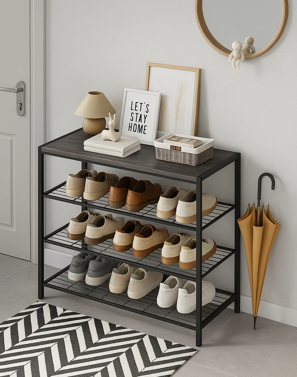 Vita 4-Tier Wood & Metal Shoe Rack Storage Shelf Organiser (Rustic Grey) - Image 10