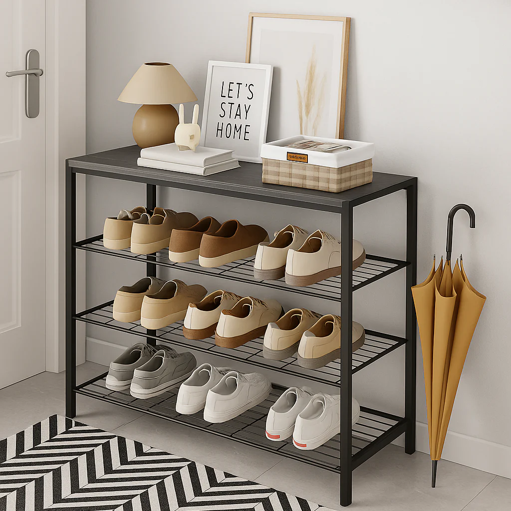 Vita 4-Tier Wood & Metal Shoe Rack Storage Shelf Organiser (Rustic Grey) - Image 2