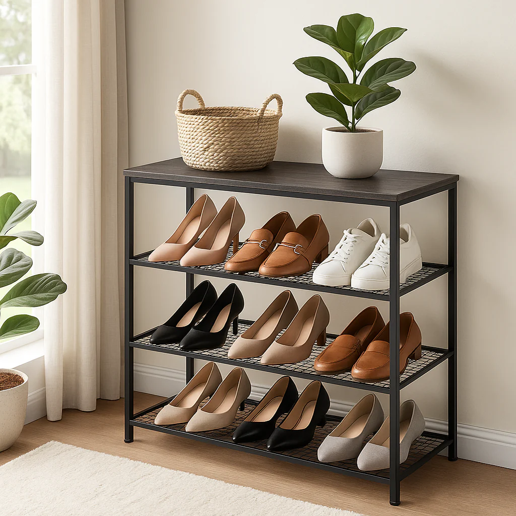 Vita 4-Tier Wood & Metal Shoe Rack Storage Shelf Organiser (Rustic Grey) - Image 3