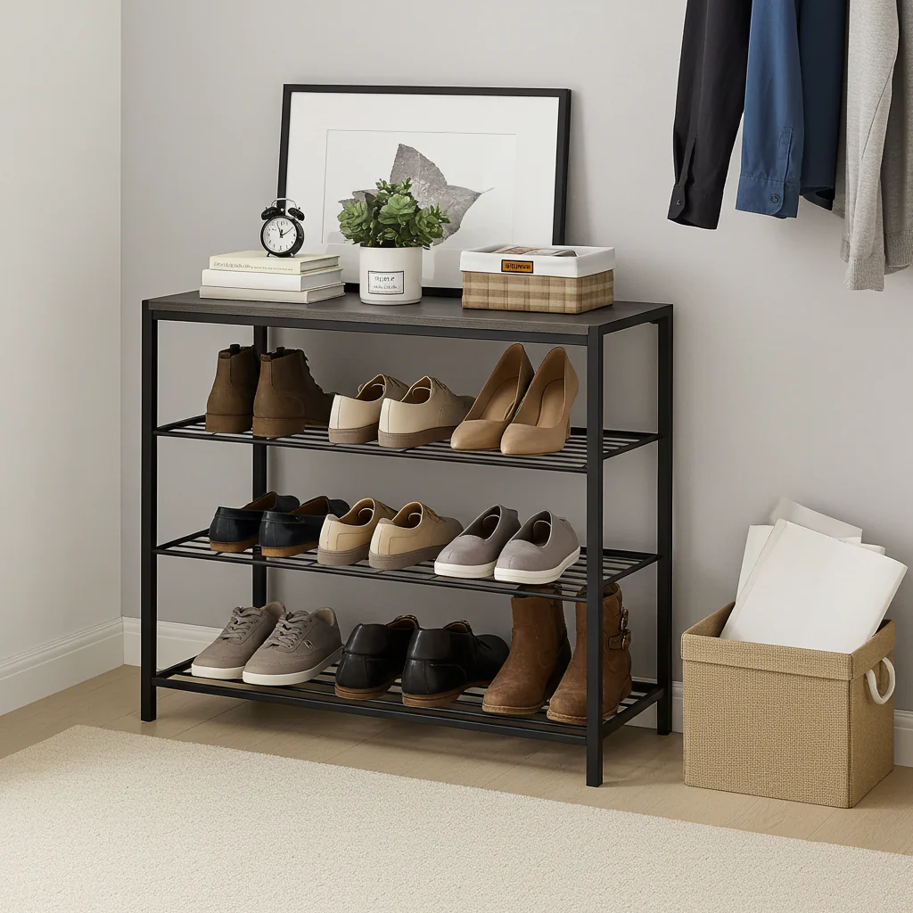 Vita 4-Tier Wood & Metal Shoe Rack Storage Shelf Organiser (Rustic Grey) - Image 5