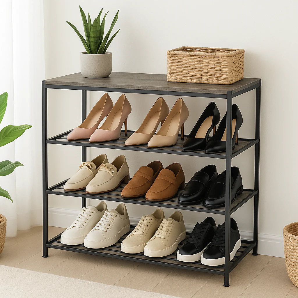 Vita 4-Tier Wood & Metal Shoe Rack Storage Shelf Organiser (Rustic Grey) - Image 6