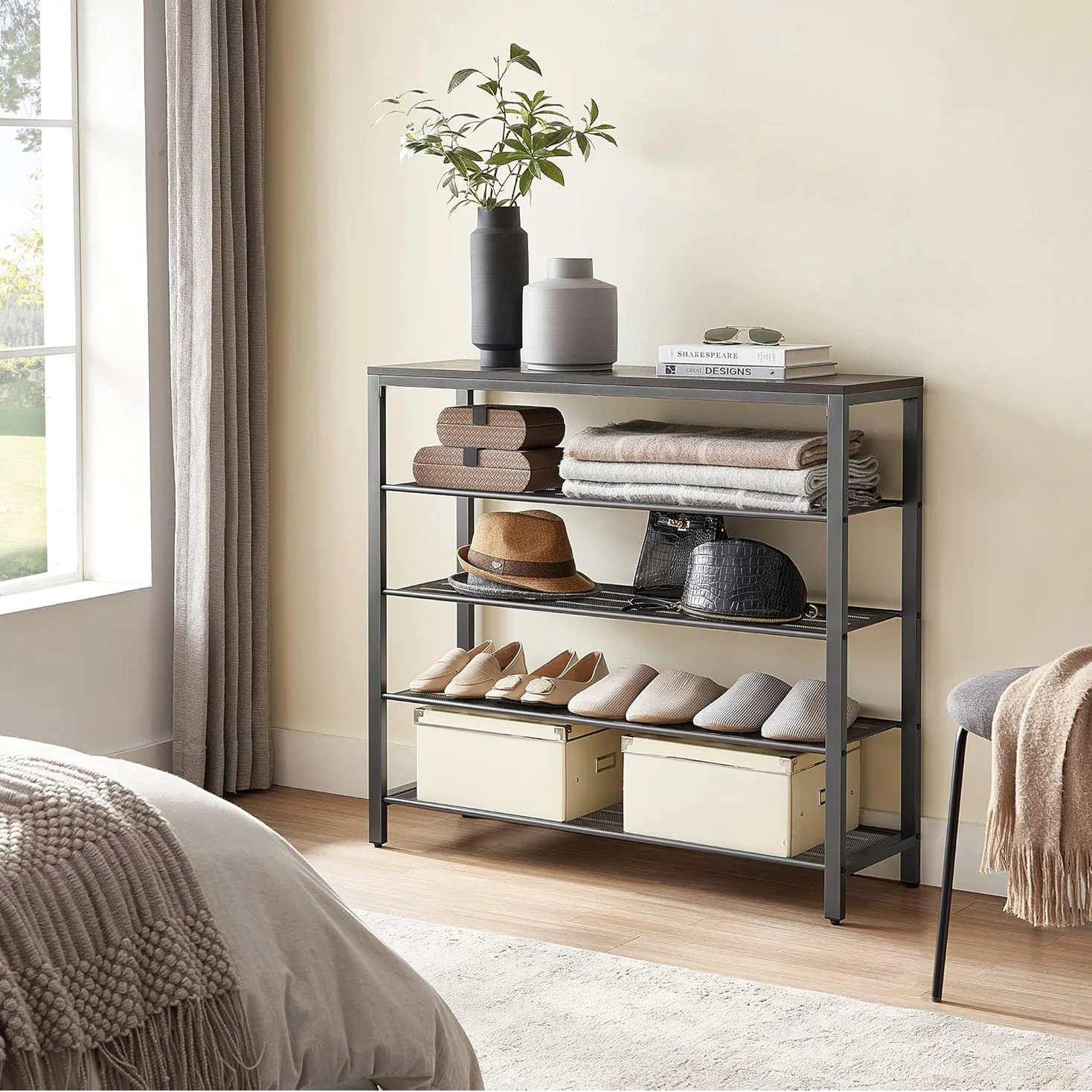 Vita 4-Tier Wood & Metal Shoe Rack Storage Shelf Organiser (Rustic Grey) - Image 7