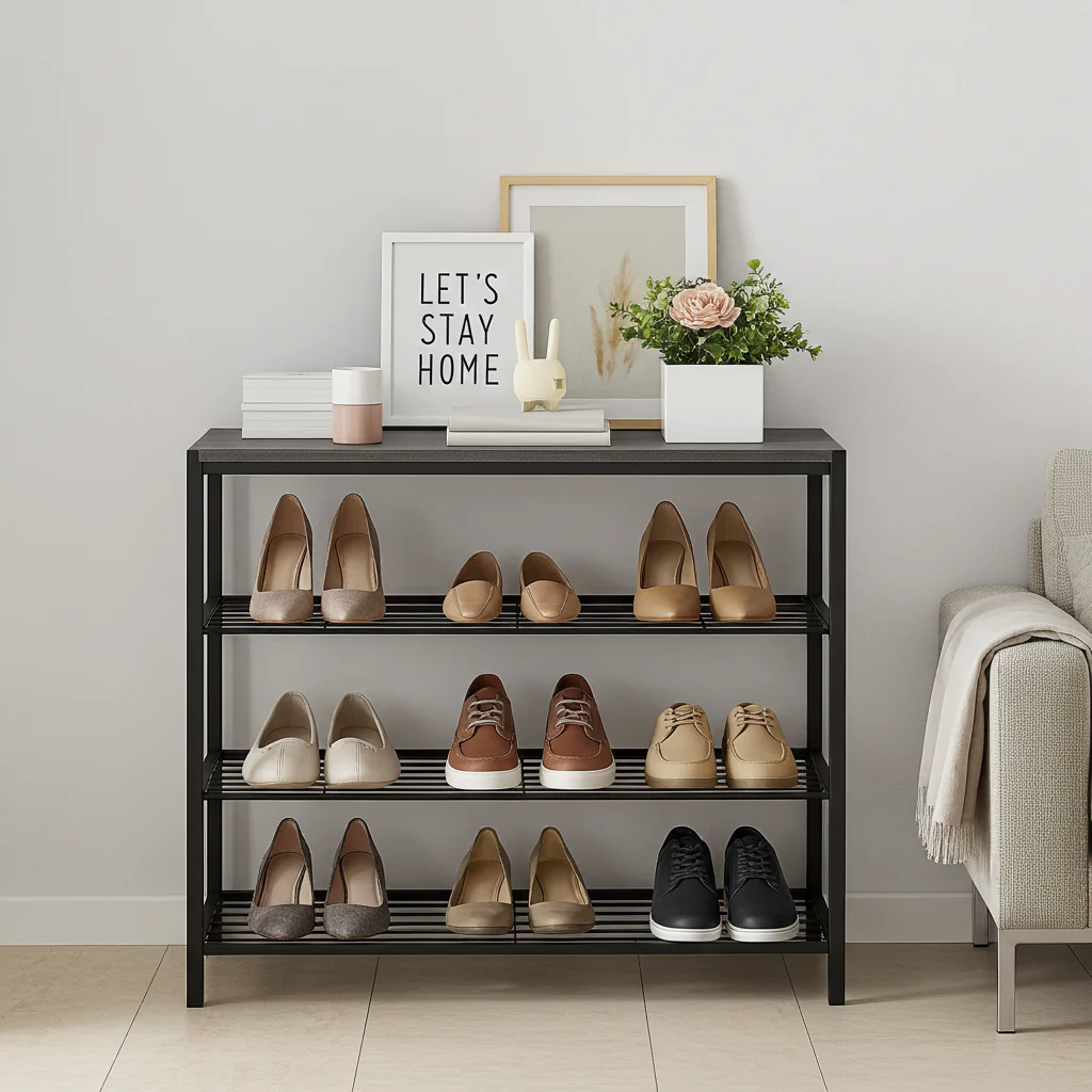 Vita 4-Tier Wood & Metal Shoe Rack Storage Shelf Organiser (Rustic Grey) - Image 8