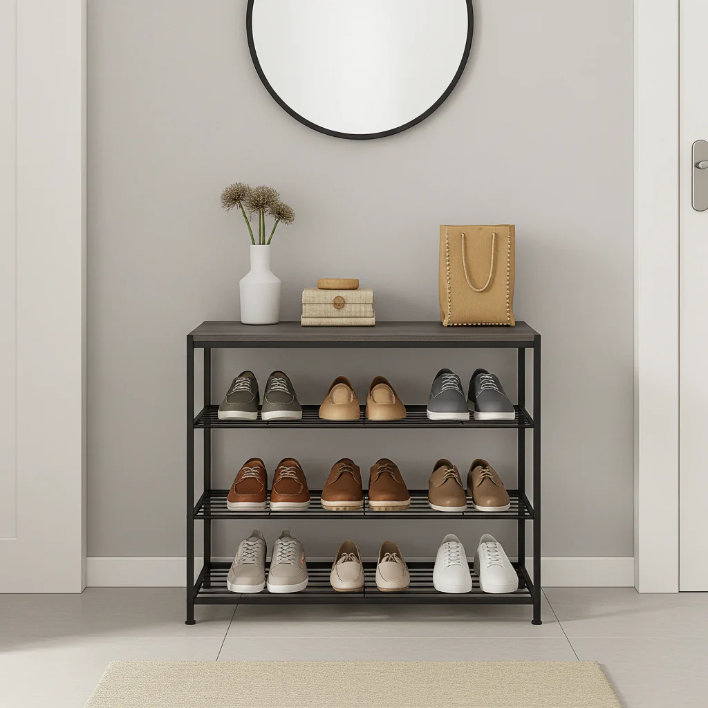 Vita 4-Tier Wood & Metal Shoe Rack Storage Shelf Organiser (Rustic Grey) - Image 9