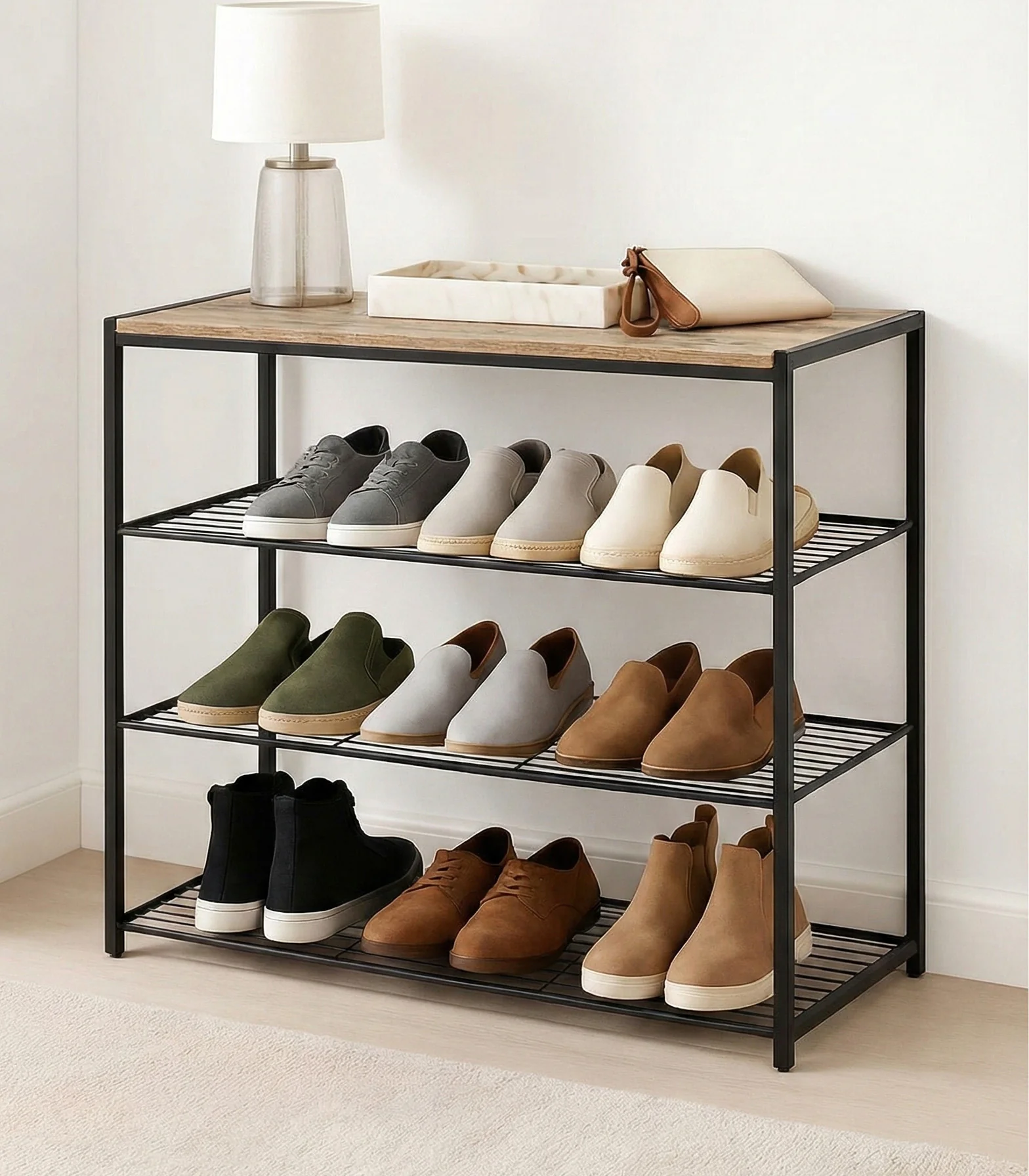 Vita 4-Tier Wood & Metal Shoe Rack Storage Shelf Organiser (Rustic Oak) - Image 3