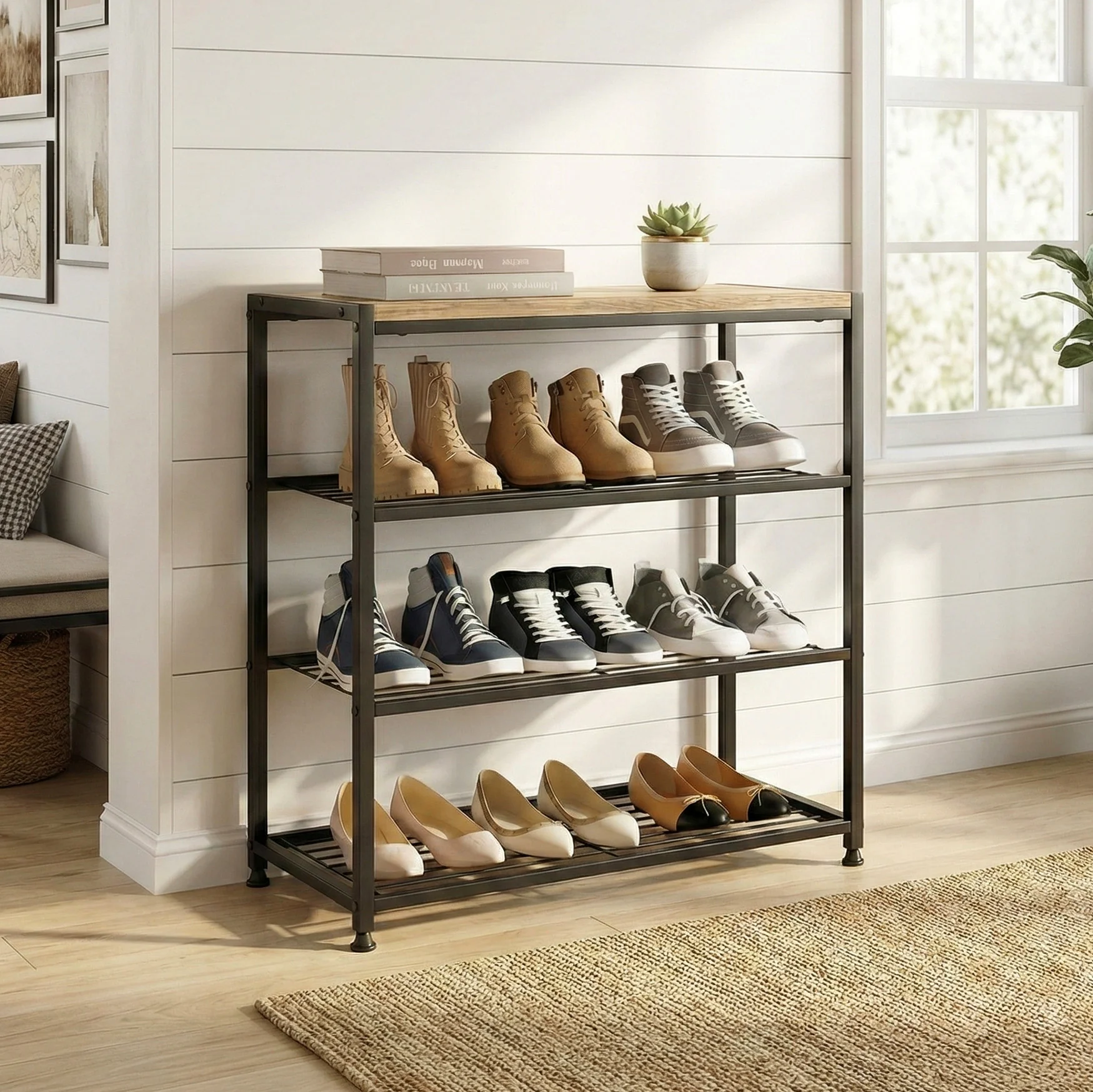 Vita 4-Tier Wood & Metal Shoe Rack Storage Shelf Organiser (Rustic Oak) - Image 4