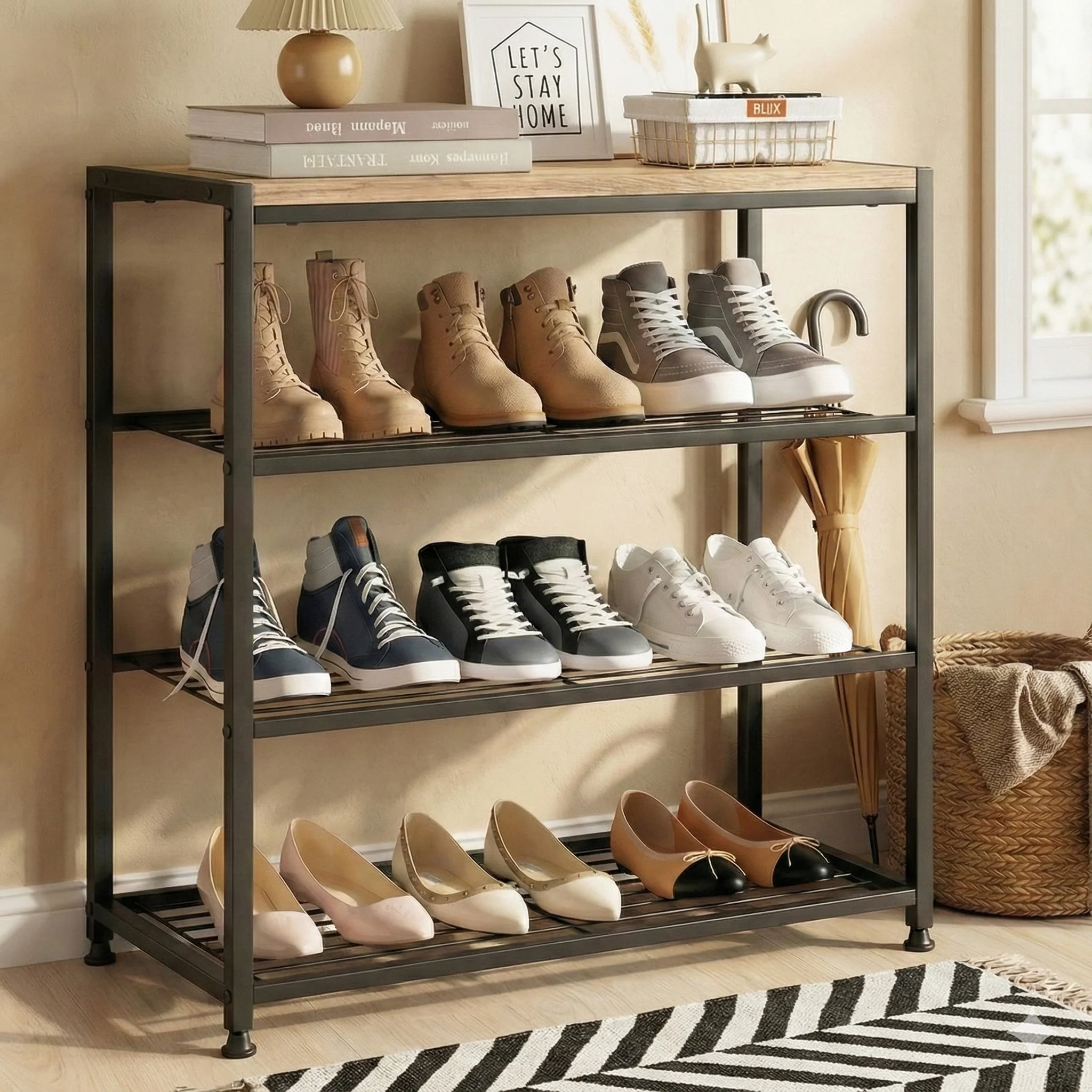 Vita 4-Tier Wood & Metal Shoe Rack Storage Shelf Organiser (Rustic Oak) - Image 5