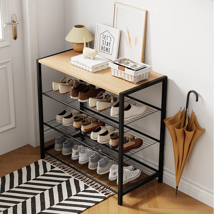 Vita 4-Tier Wood & Metal Shoe Rack Storage Shelf Organiser (Rustic Oak) - Image 7