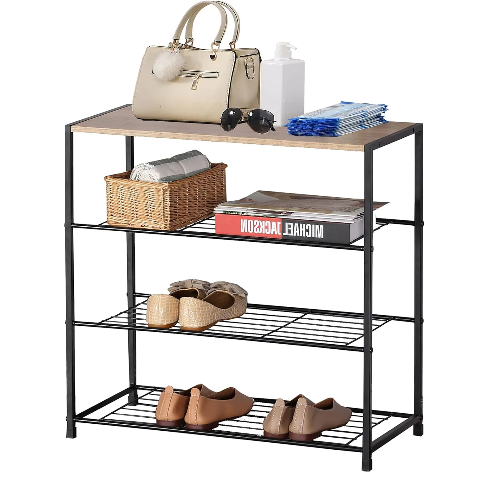 Vita 4-Tier Wood & Metal Shoe Rack Storage Shelf Organiser (Rustic Oak) - Image 8