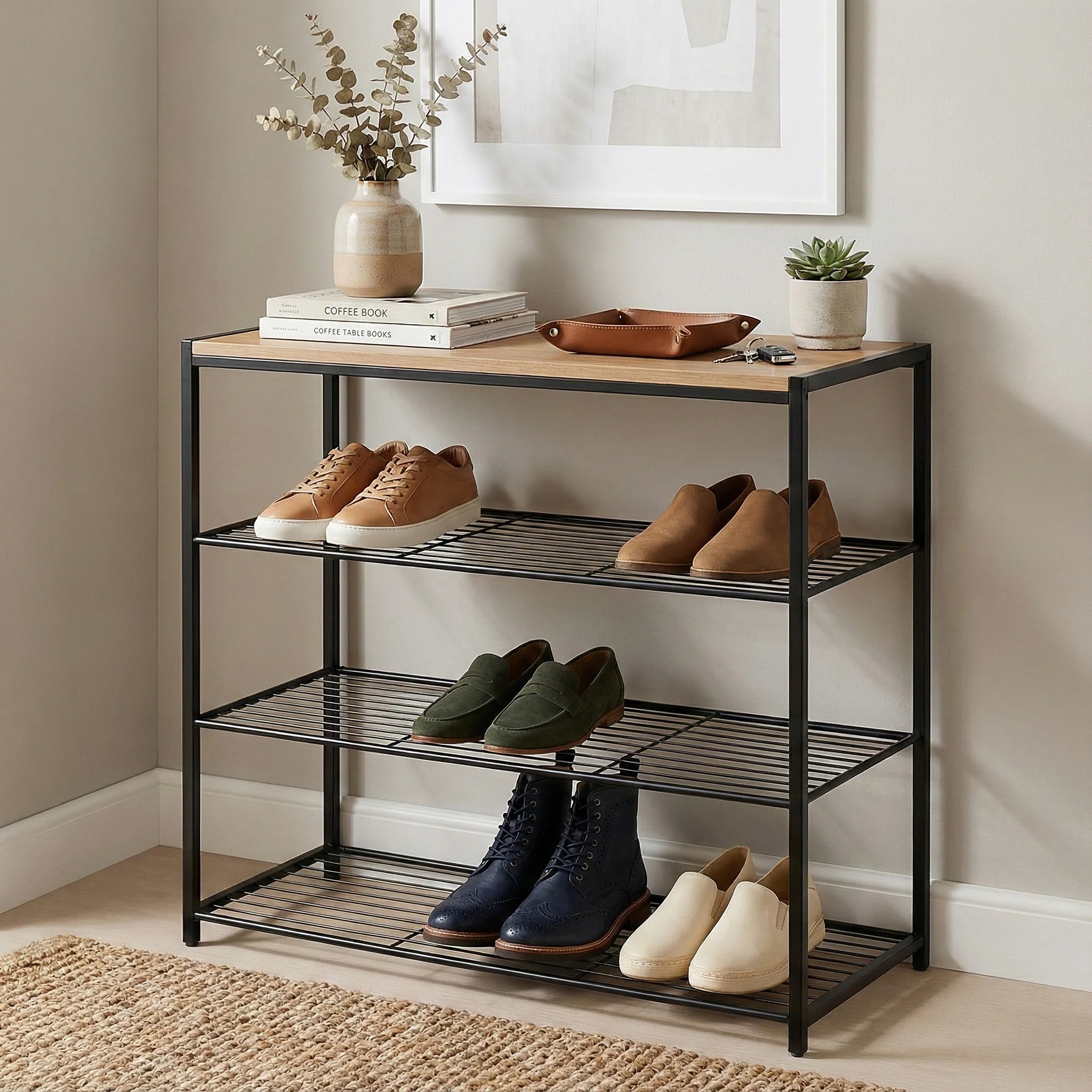 Vita 4-Tier Wood & Metal Shoe Rack Storage Shelf Organiser (Rustic Oak) - Image 9