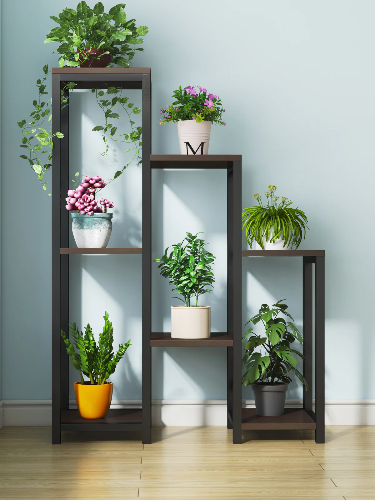 Wonderland Multi-Tiered Garden Plant Stand Wood & Steel Planter Shelf (Black Walnut) - Image 4