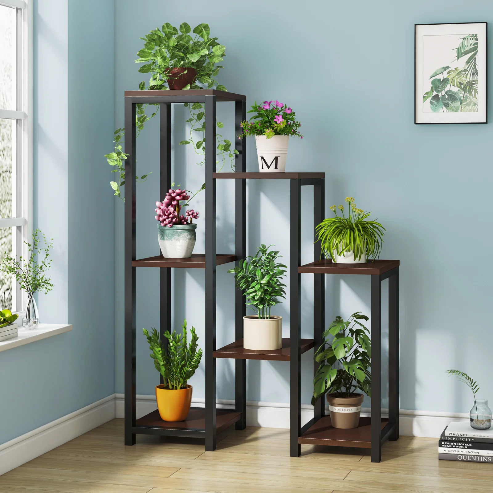Wonderland Multi-Tiered Garden Plant Stand Wood & Steel Planter Shelf (Black Walnut) - Image 5