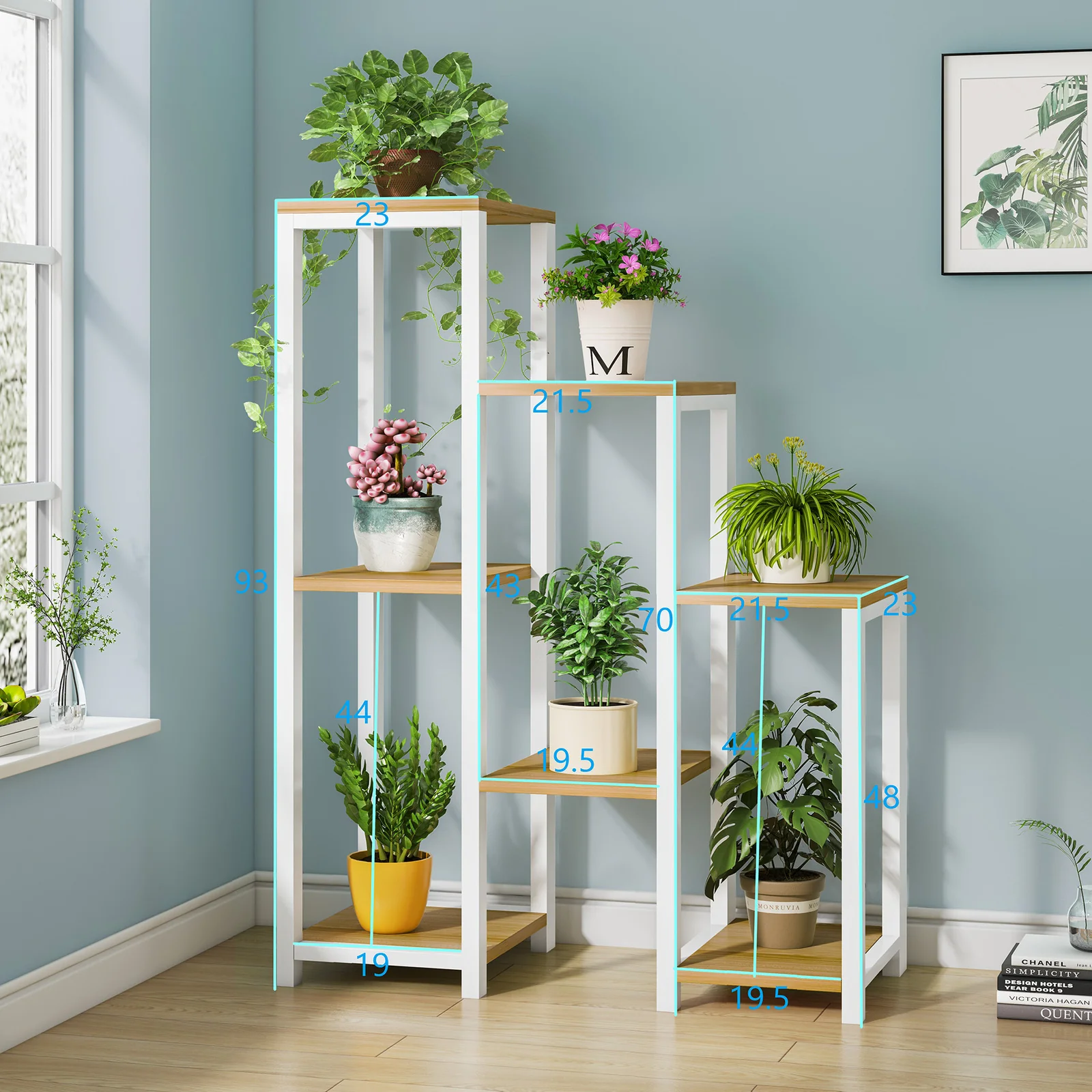 Wonderland Multi-Tiered Garden Plant Stand Wood & Steel Planter Shelf (Oak & White) - Image 2