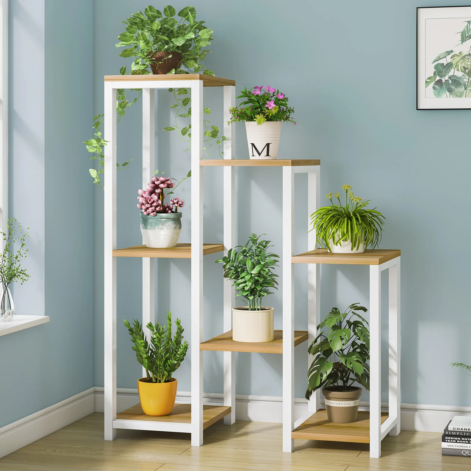 Wonderland Multi-Tiered Garden Plant Stand Wood & Steel Planter Shelf (Oak & White) - Image 7