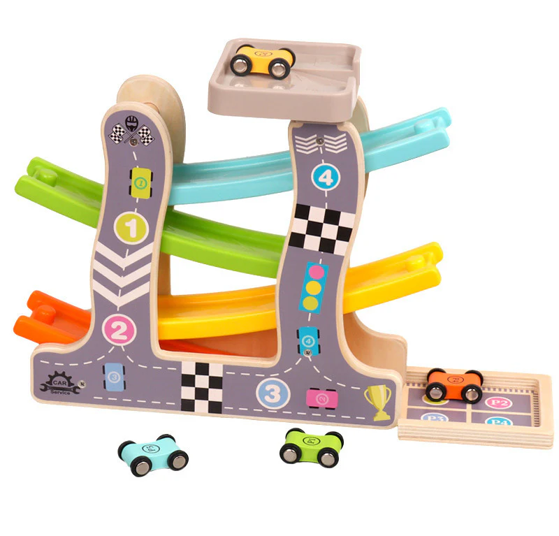 Wooden Car Ramp Multi-Level Racer Kids Toy Set - Image 2