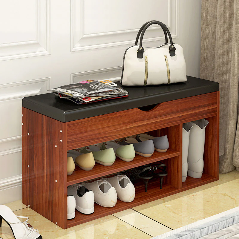 Wooden Cushioned Storage Ottoman & Shoe Cabinet (Chestnut & Black PU Leather) - Image 11