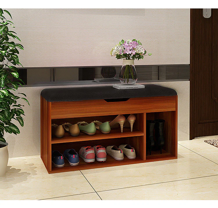Wooden Cushioned Storage Ottoman & Shoe Cabinet (Chestnut & Black PU Leather) - Image 3