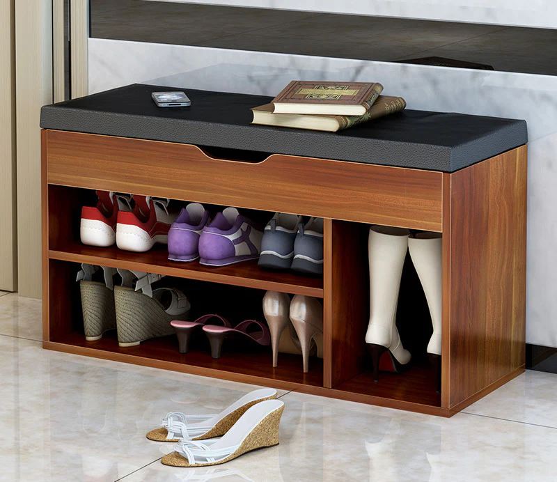 Wooden Cushioned Storage Ottoman & Shoe Cabinet (Chestnut & Black PU Leather) - Image 4