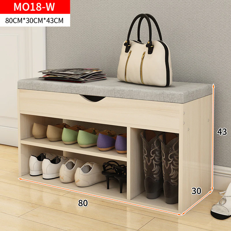 Wooden Cushioned Storage Ottoman & Shoe Cabinet (White Oak & Light Grey Cover) - Image 11