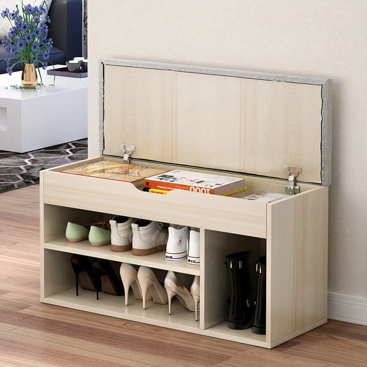 Wooden Cushioned Storage Ottoman & Shoe Cabinet (White Oak & Light Grey Cover) - Image 12