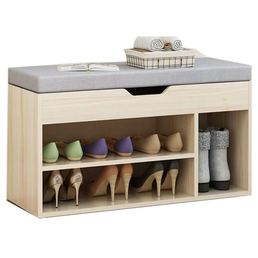 Wooden Cushioned Storage Ottoman & Shoe Cabinet (White Oak & Light Grey Cover) - Image 3