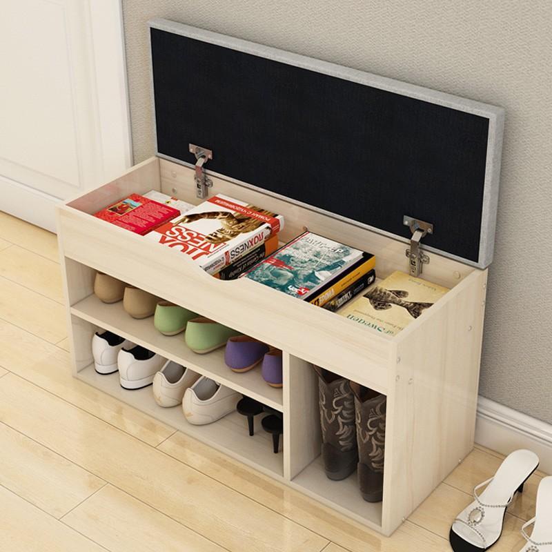 Wooden Cushioned Storage Ottoman & Shoe Cabinet (White Oak & Light Grey Cover) - Image 4