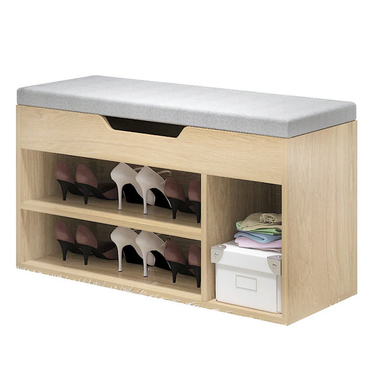 Wooden Cushioned Storage Ottoman & Shoe Cabinet (White Oak & Light Grey Cover) - Image 7